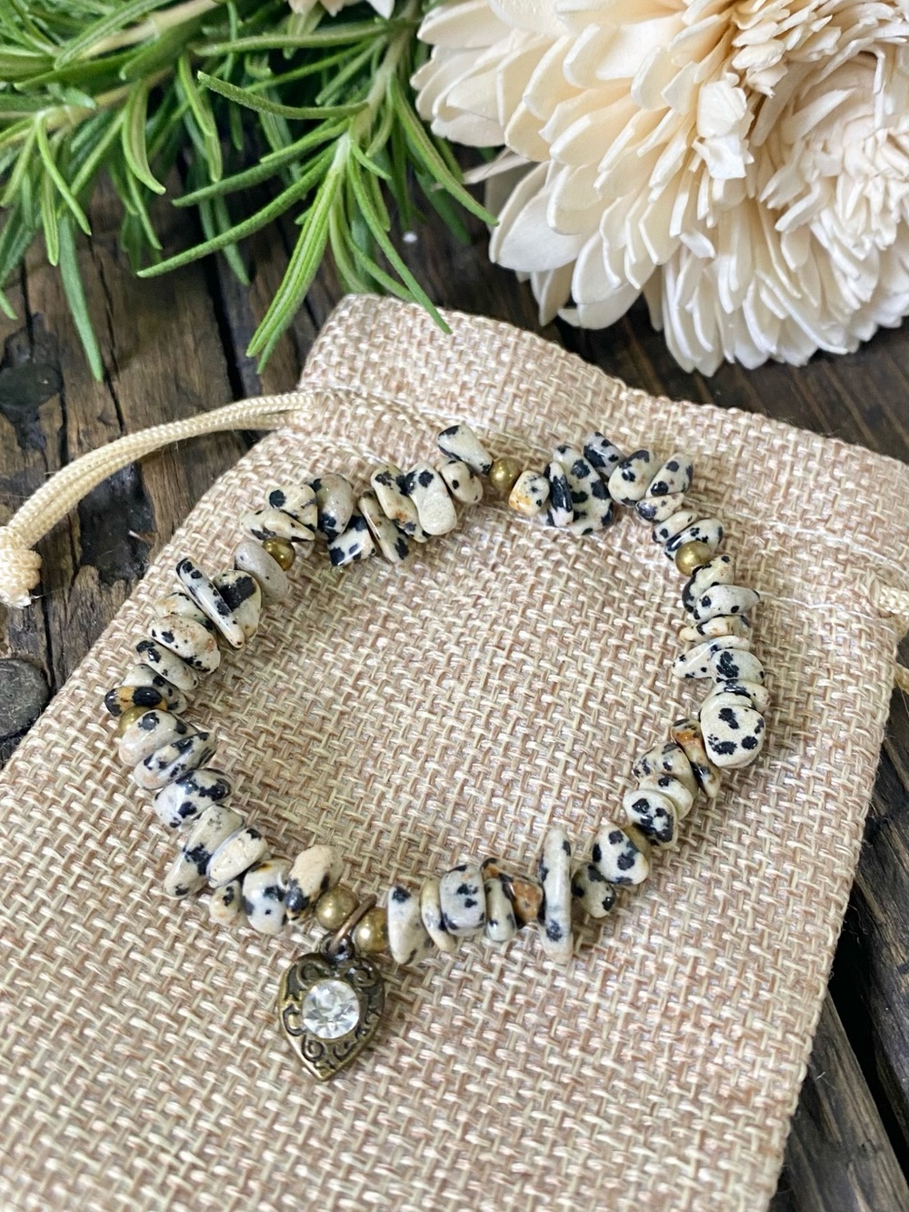 Black and White Beaded Stretch Bracelet, Heart Charm